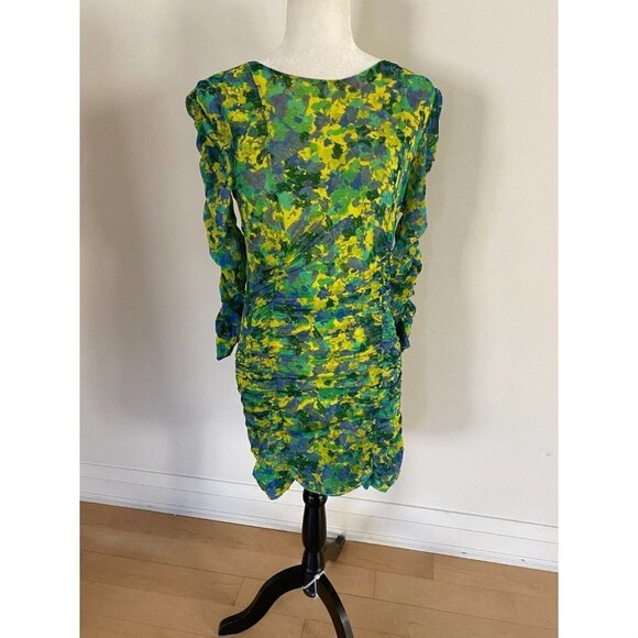 GANNI Ruched Mesh mini dress womens yellow green "Sulphur" dress sz 36 *Zip flaw - Picture 2 of 8